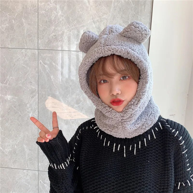 maoxiangshop Cute Bear Ear Hat Scarf Set Kawaii Women Winter Beanies Caps Warm Casual Plush Hat Casual Female Keep Wammer Anime Gift