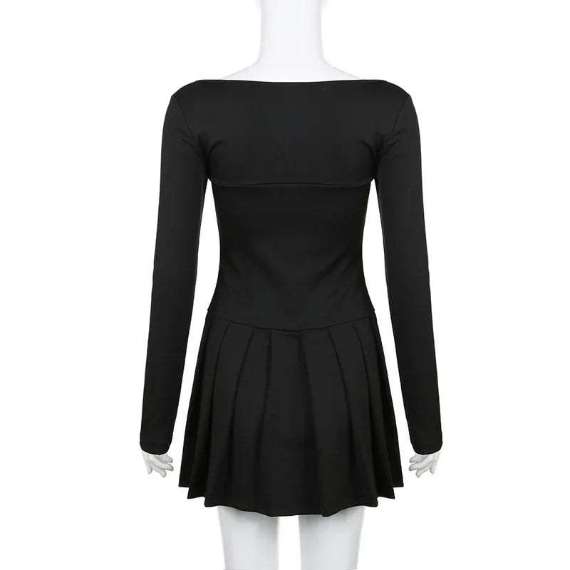 maoxiangshop Women Sweet Lace Trim Bow Pleated Dress Mini Coquette Korean Fashion Square Neck Autumn Dress Clothes Kawaii Lolita