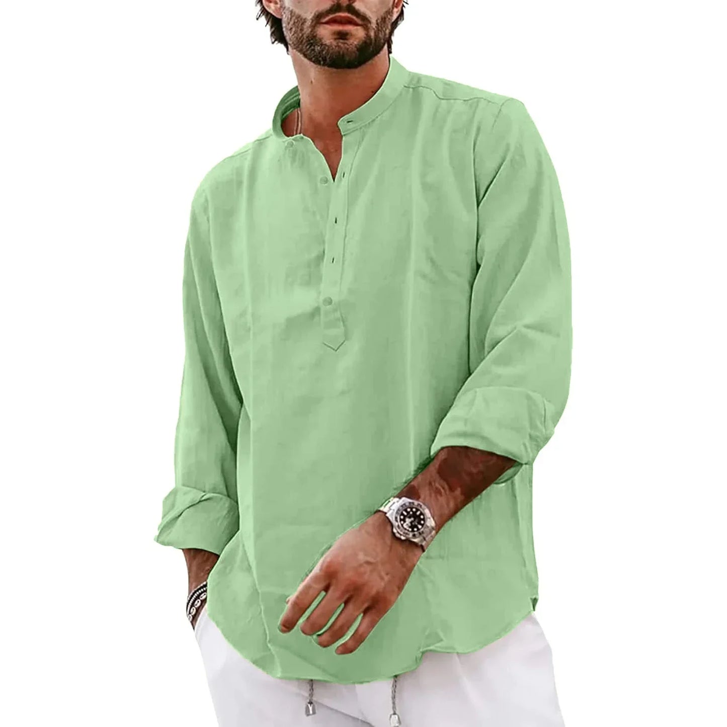 maoxiangshop Streetwear Mens Cotton Linen Shirts Casual Lightweight Long Sleeve Henley Shirts for Men Beach Hawaiian Breathable T Shirts
