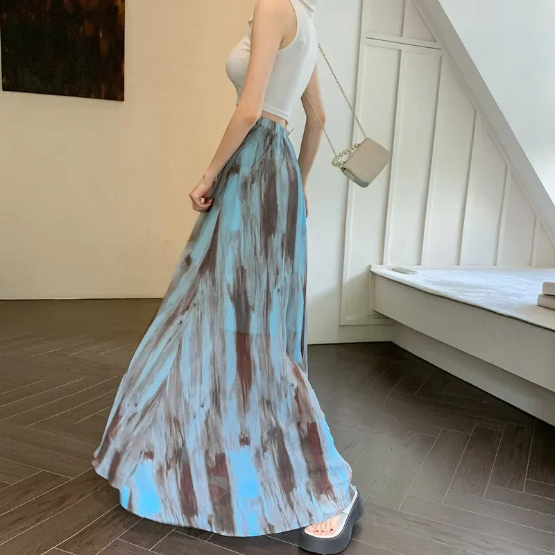 maoxiangshop Boho Vintage Long Skirts for Women Tie Dye Printed A-line Female Elegant Skirt Ladies Holiday Mid-length Maxi Skirt