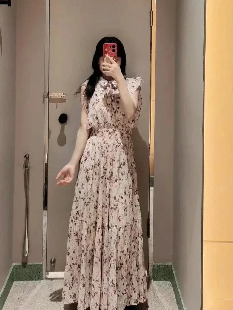 maoxiangshop Japan Style Flying Sleeve Floral Vestidos De Mujer Sweet Pleated Slim Waist Women Dress Chiffon New Neck Robe