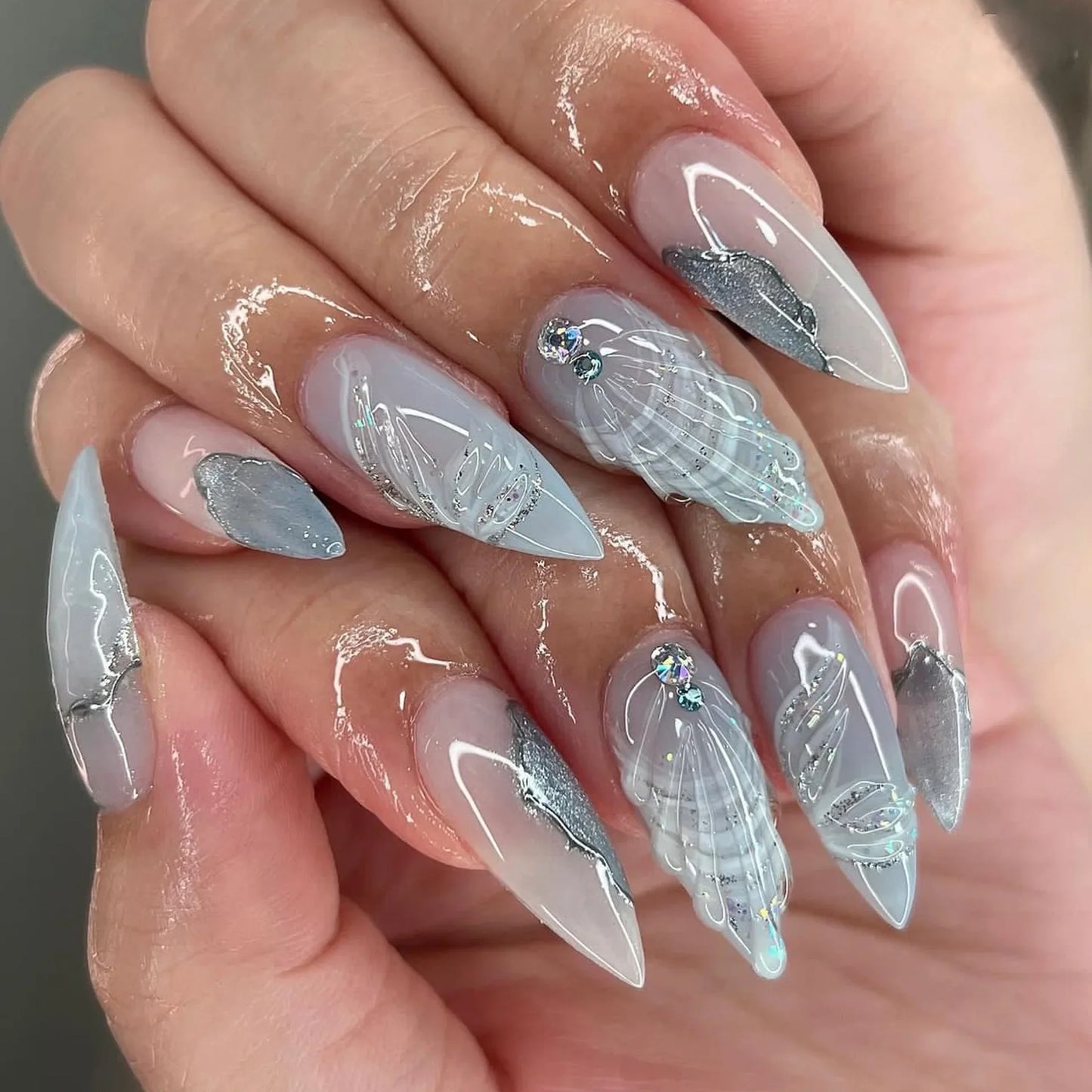 maoxiangshop 24Pcs False Nails With Glue Almond Pink Butterfly Design Detachable Rhinestones Acrylic Fake Nails long stiletto Press On Nails