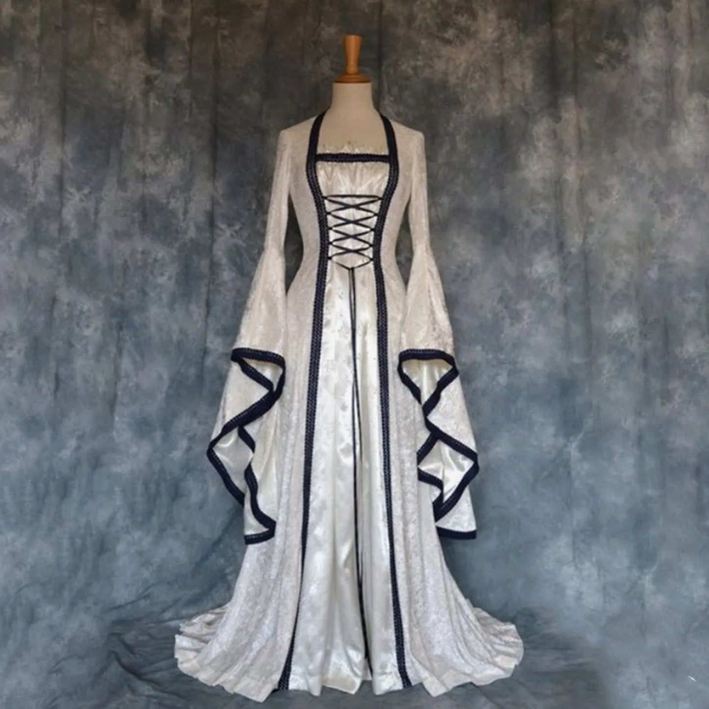 maoxiangshop - Gothic Victoria Medieval Vintage Costume For Halloween Cosplay Square Collar Long Batwing Sleeve Patchwork Lace-Up Long Dress