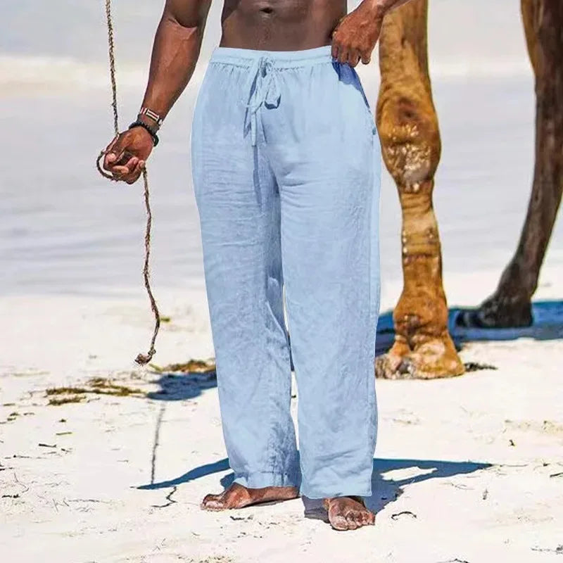 maoxiangshop Summer Cotton Pants Casual Long Fitness Breathable Pants Linen Lightweight Drawstring Yoga Beach Trousers Solid Color Mens Pants
