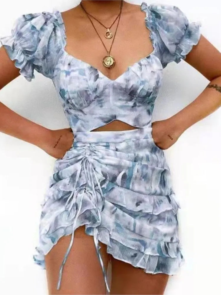 maoxiangshop Women's Spring Summer New Fashion Print Drawstring Ruffle Edge Sexy Off Waist Short Sleeve Casual Office Dress