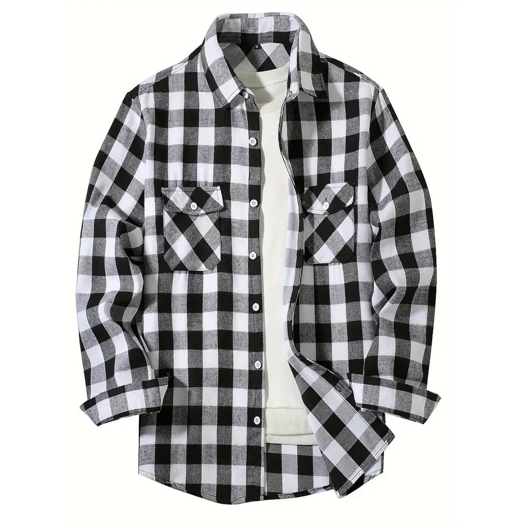 maoxiangshop Men's Shirts Button-Up Classic Plaid Smart Casual Flannel Shirt Long Sleeved Chest Two Pockets Design Spring Autumn Men Tops