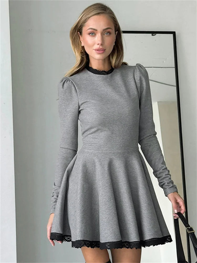 maoxiangshop - Lace Patchwork Fashion Mini Dress For Women Long Sleeve Contrast High Waist Autumn Zipper Dress Women Bodycon Dress 2025