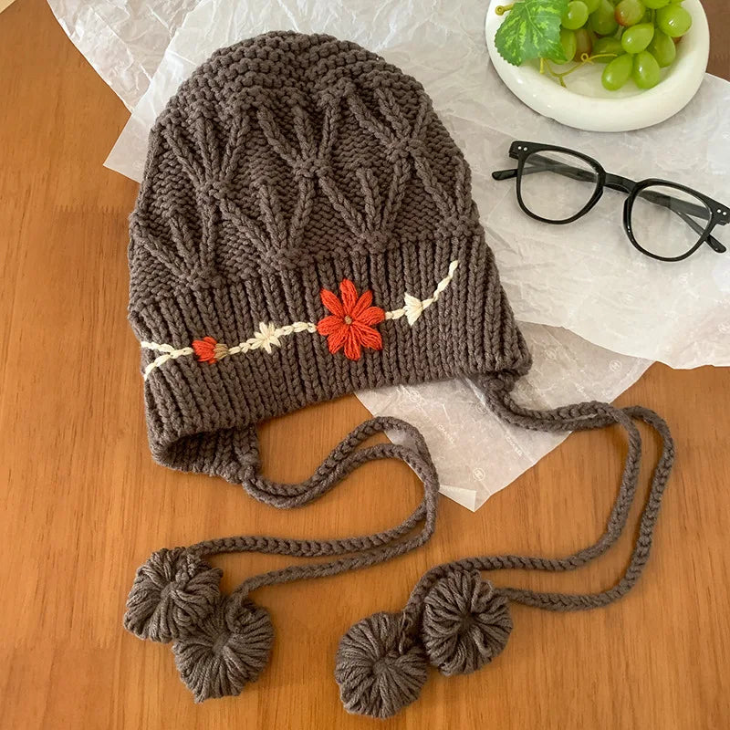 maoxiangshop - Knitted Beanies Hat for Women Bohemian Tassel Flower Crocheted Woolen Pullover Cap Autumn Winter Warm Thicken Ear Protection Cap