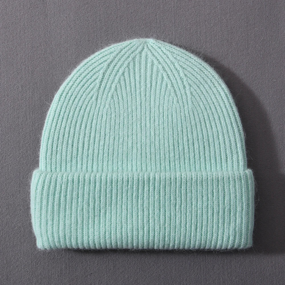 maoxiangshop Casual Women's Hat Real Rabbit Fur Beanie Ladies Autumn Winter Cashmere Hats Three Fold Thick Knitted Girls Skullies Beanies Cap