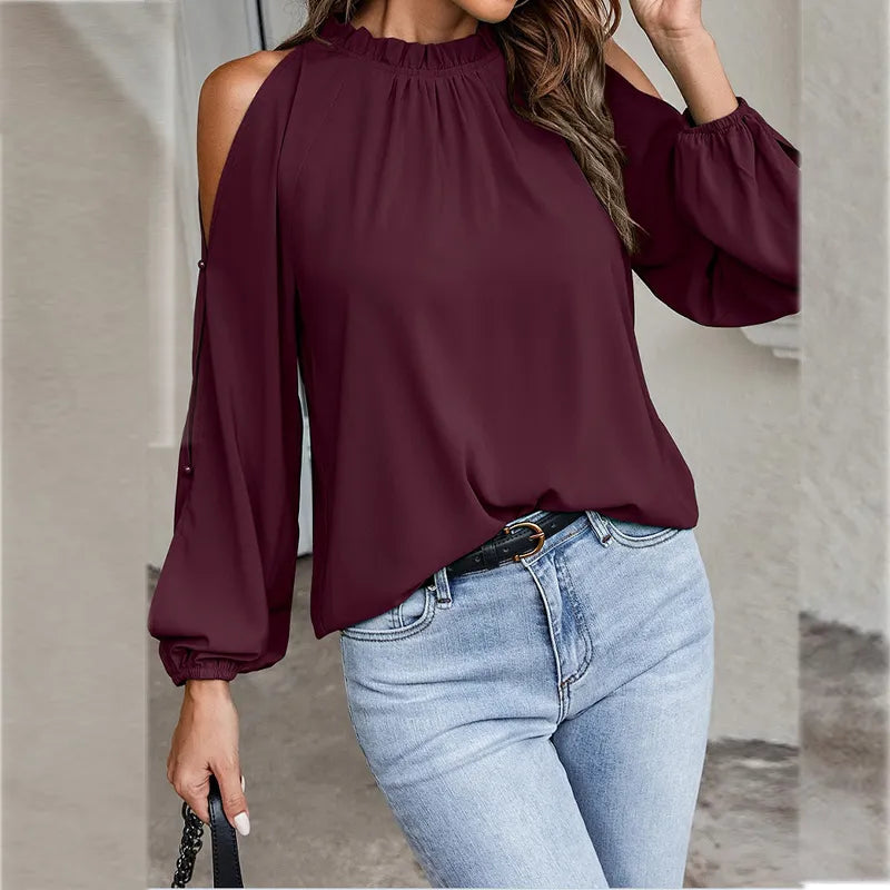 maoxiangshop Autumn and Winter New Women's Clean Color Lotus Leaf Round Neck Long Sleeve Pleated Off Shoulder Fashion Women's Top