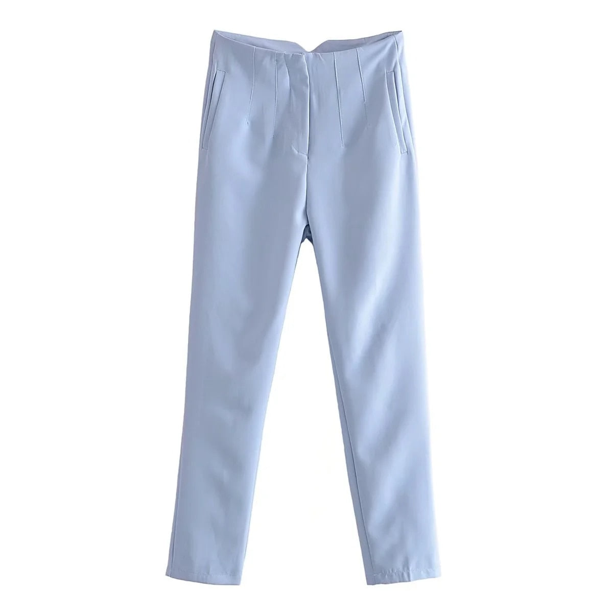 maoxiangshopWomen Light Blue Chic Fashion Office Wear Straight Pants Vintage High Waist Zipper Fly Female Trousers Fashion
