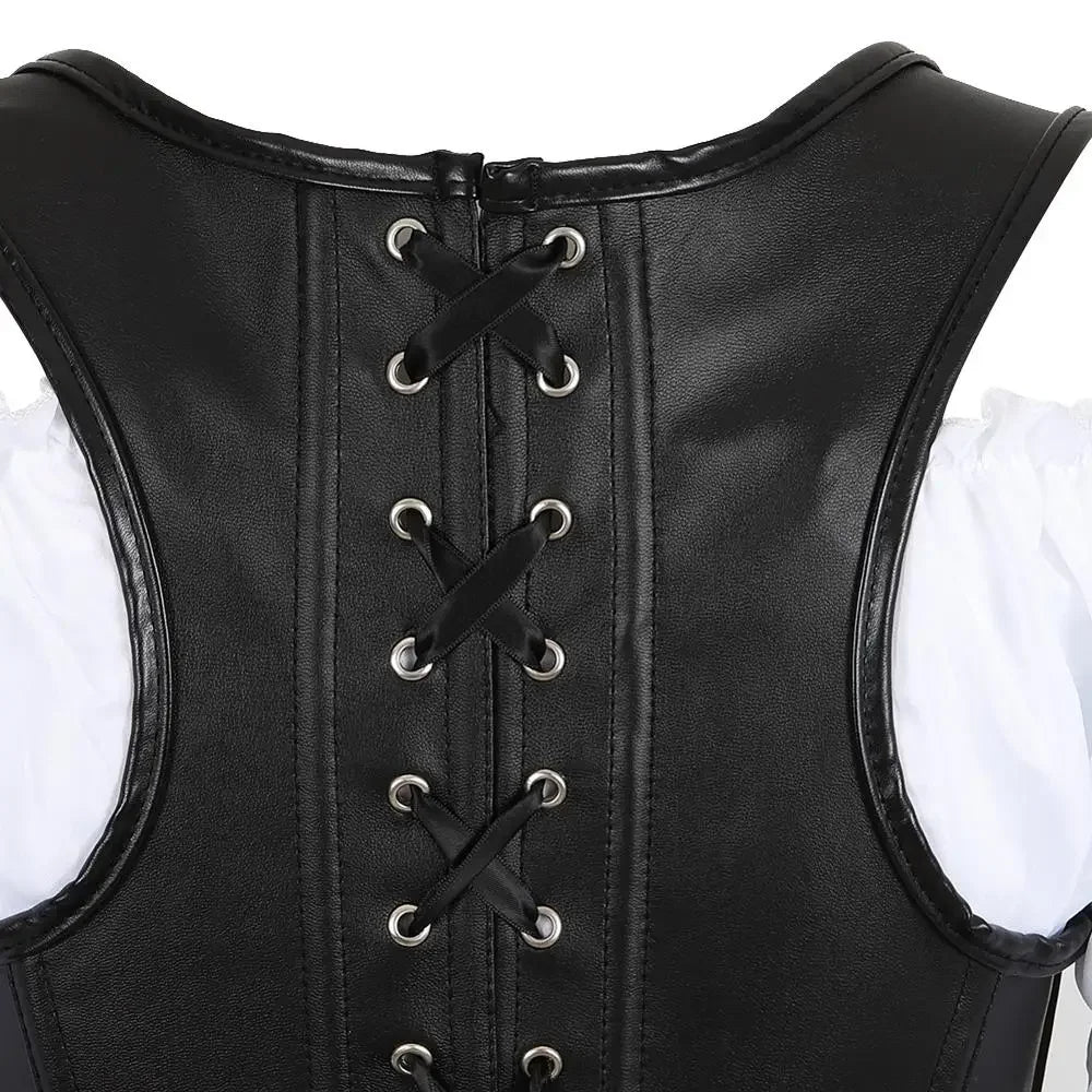 maoxiangshop - Leather Pirate Corset Steampunk Vintage Corsets Zip Bustier Sexy Skirt White Blouse Set Gothic Carnival Costumes