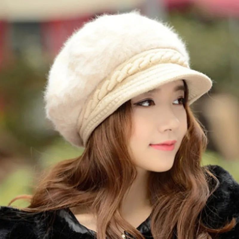 maoxiangshop New Women Beret Hats Fashion Winter Warm Rabbit Fur Knitted Beanie Ladies Female Casual Fleece Berets Cap bonnet hiver femme