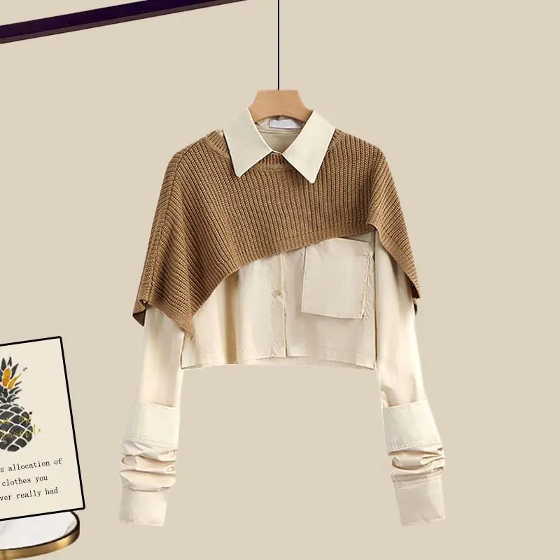 maoxiangshop Women's Autumn Dress Sets Female Loose Knit Shawl+Long sleeve Shirt+High Waist Knitted Half Skirt Three Piece Set Korean Fashion