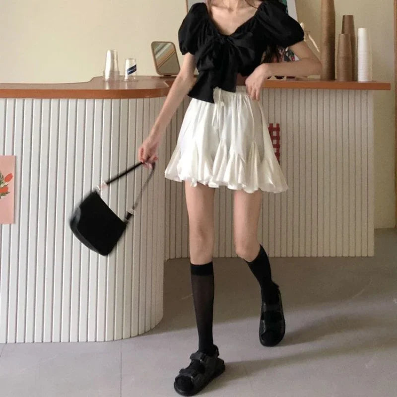 maoxiangshop Kawaii Ruffles Mini Skirt Women Korean Style White High Waist A-line Patchwork Lace-up Cute Pleated Skirt Shorts Summer