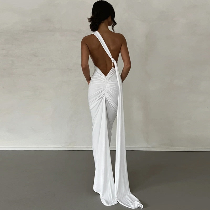 maoxiangshop Backless Maxi Dress Elegant Red Long Sleeve Sexy Ruched Bodyocn Evening Party Dress for Women Spring Slim Christmas Outfits