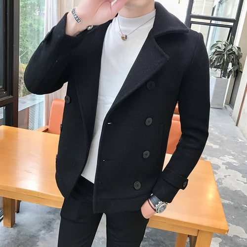 New Fashion Men Double-Breasted Windbreaker Solid Color Slim Short Woolen Coat Winter Casual Warm Windbreaker Coat Size 5XL