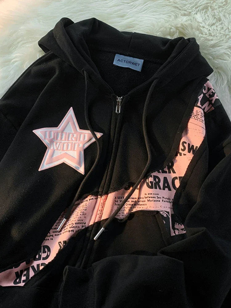 maoxiangshop2 Y2K Vintage Zip Up Hoodies Women Harajuku Hip Hop Letter Print Sweatshirts Gothic Streetwear Loose Patchwork Tops Coats