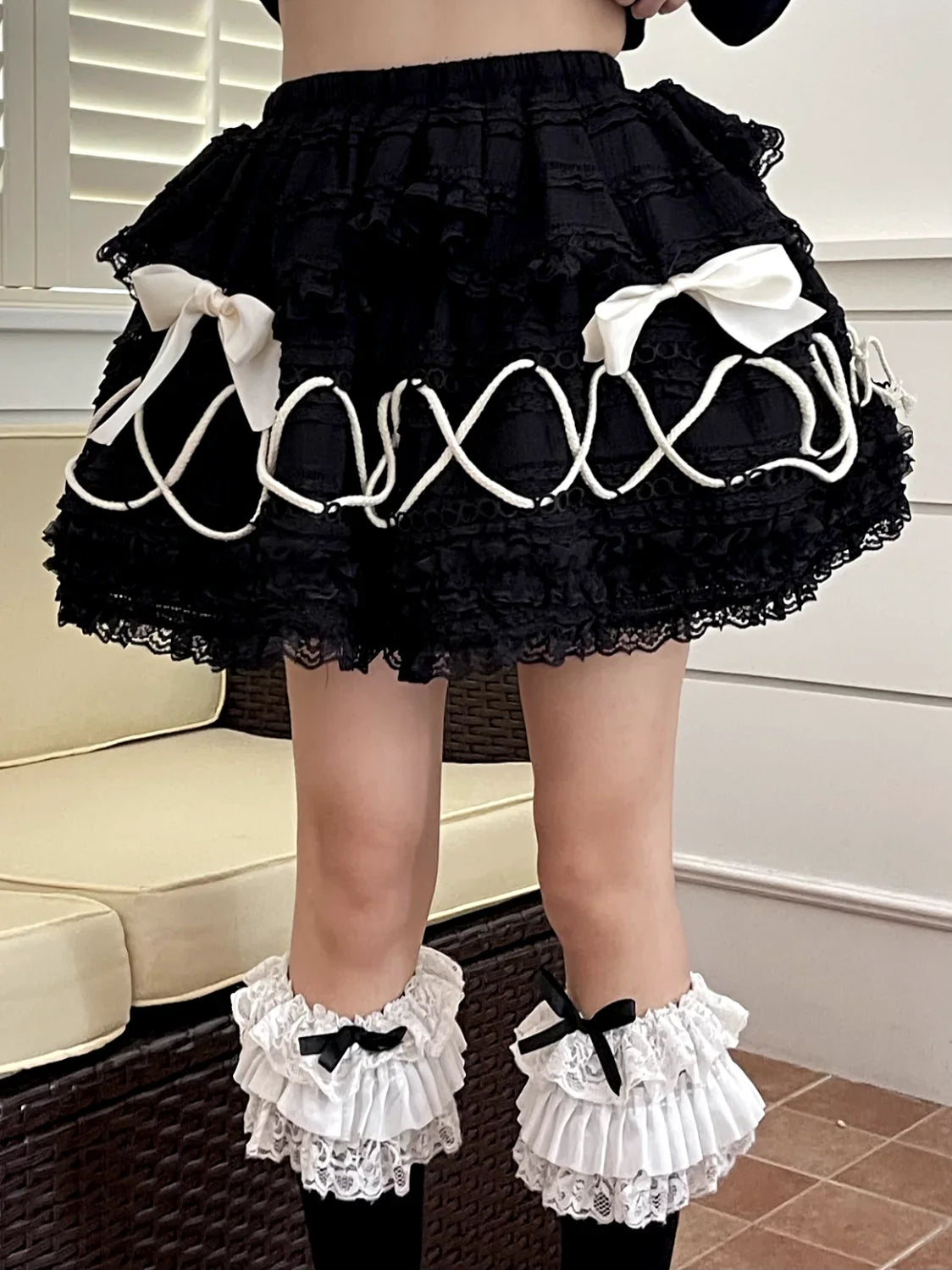 maoxiangshop - Gothic Lolita Skirt Women Japanese Harajuku Fashion High Waist A-line Bow Lace Patchwork Vintage Black Cake Skirt