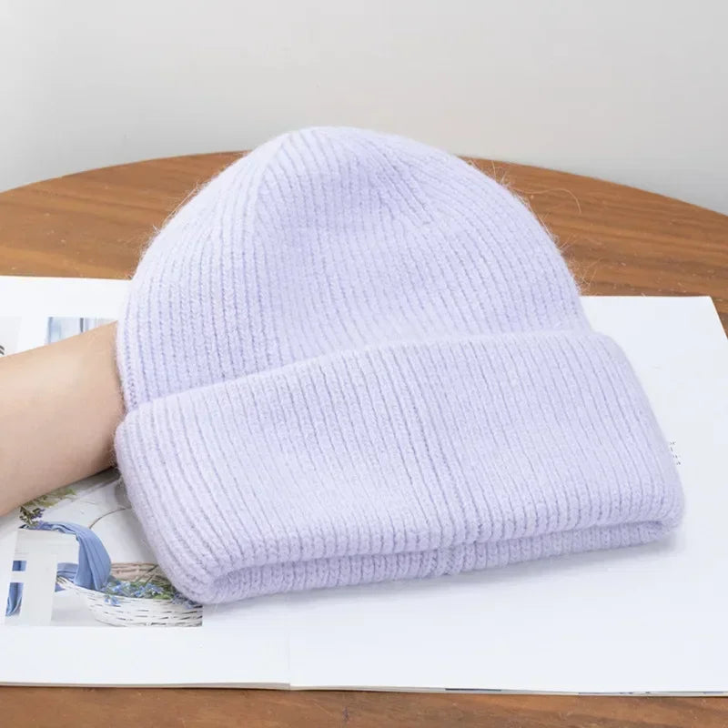 maoxiangshop 21colors Autumn Angola Rabbit Fur Knitted Beanies Winter Skullies Women's Hat Fashion Solid Warm Cashmere Wool Three Fold Thick