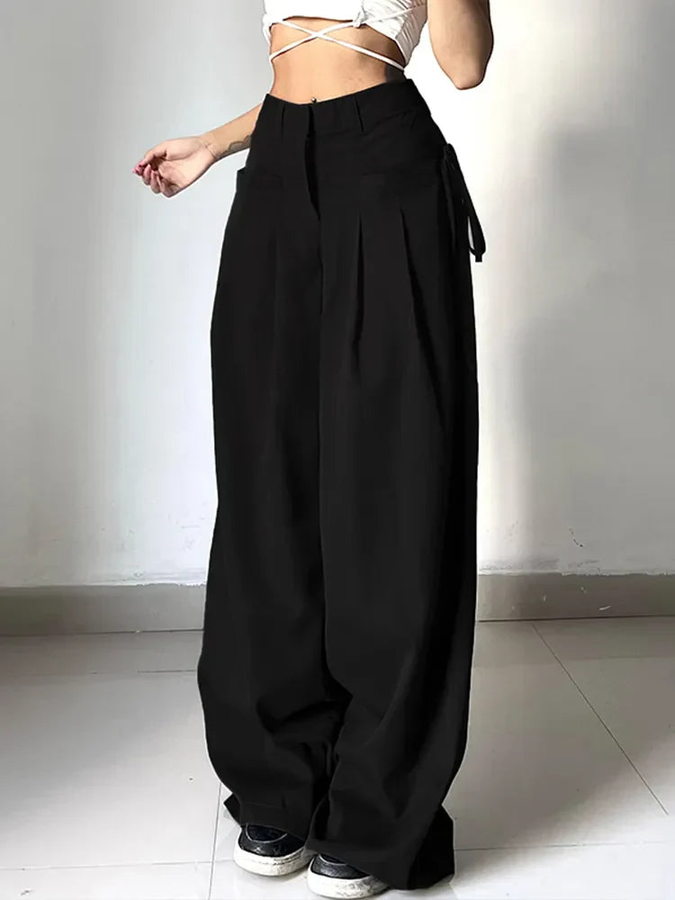 maoxiangshopShirring Casual Wide Leg Pants Women High Waist Street Basic Loose Sweat Trousers Korean Retro Gray Office Lady Pants