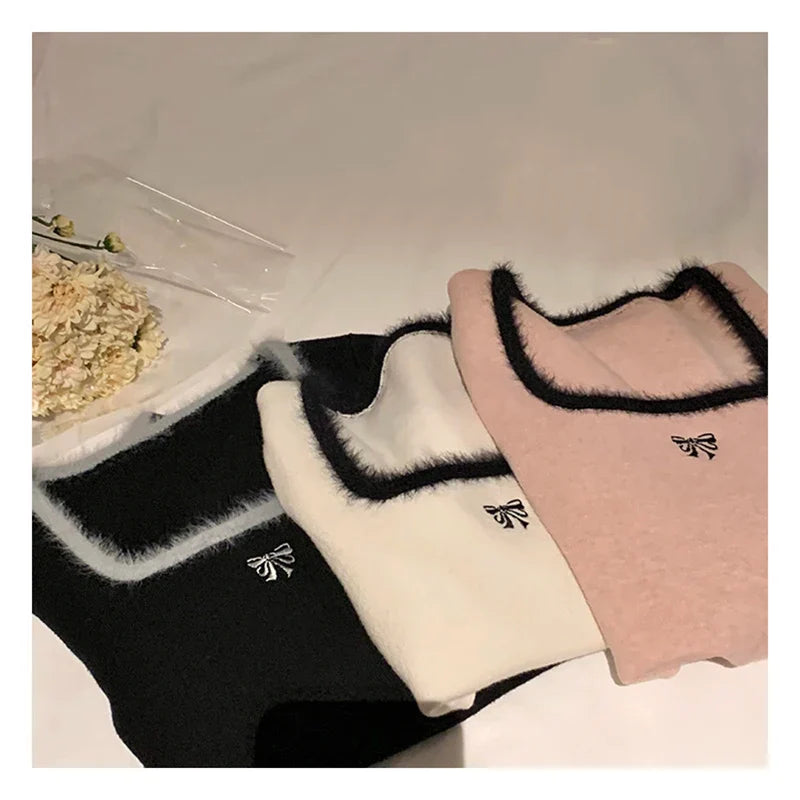 maoxiangshop Women Butterfly Embroidered T-shirts Square Neck Long Sleeve Patchwork Y2K T-Shirts Casual Tees Women Autumn Winter