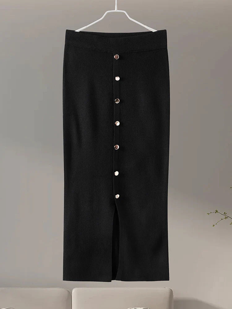 maoxiangshop - Elegant Women's Sets Autumn O-neck Buttons Black Knitted Cardigan Midi Skirts Suits Woman Sheath Elegant Solid Sets Office Lady