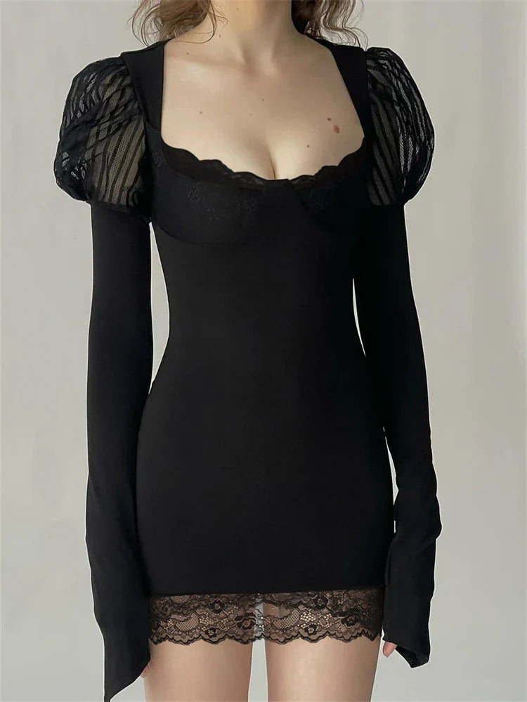 maoxiangshop - Lace Patchwork Elegant Mini Dress Women U-Neck Long Sleeved Slim Versatile Solid Short Dress Autumn/Winter Streetwear
