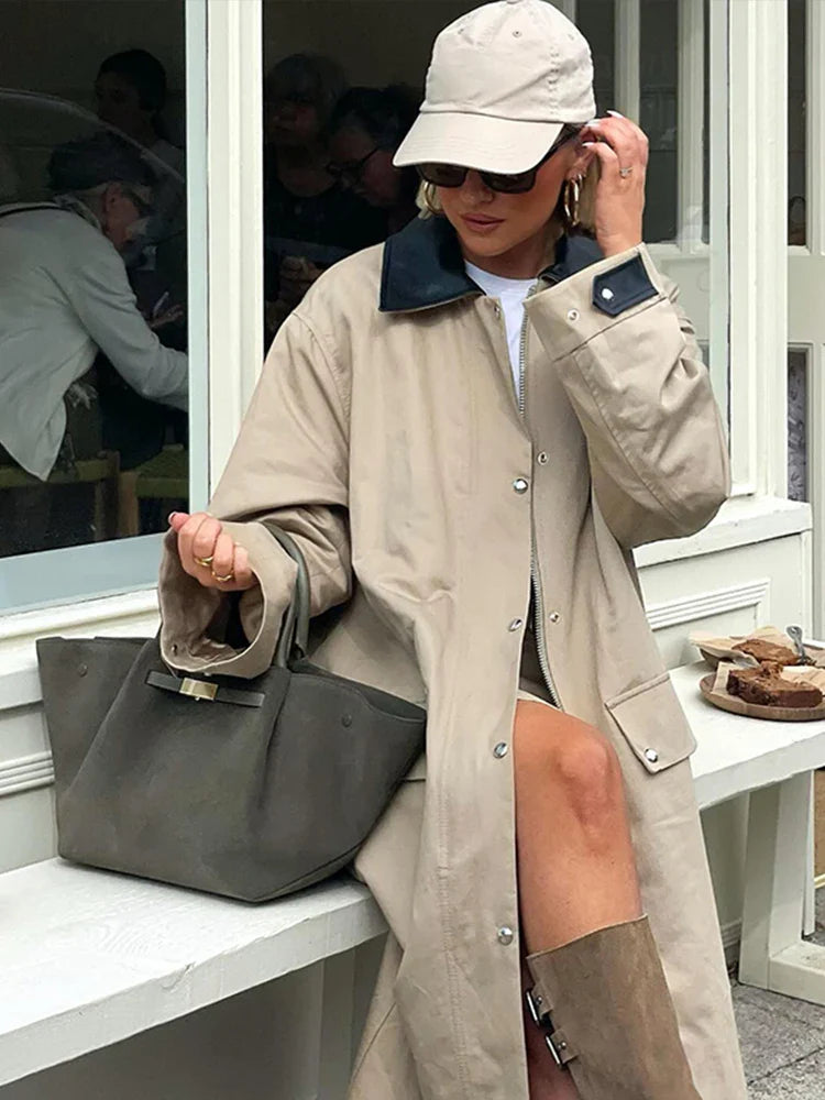 maoxiangshop - Elegant Patchwork Contrast Women Coat Loose Full Sleeve Zipper Button Pocket Maxi Coats Female 2024 Autumn Winter Lady Outwear