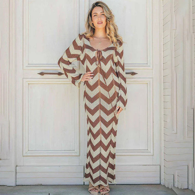 maoxiangshop - Autumn New Lace Up Hollow Sexy Beach Cover Up Dress Women's Stripled Long Sleeve Slim Elegant Knitted Maxi Dress V Neck