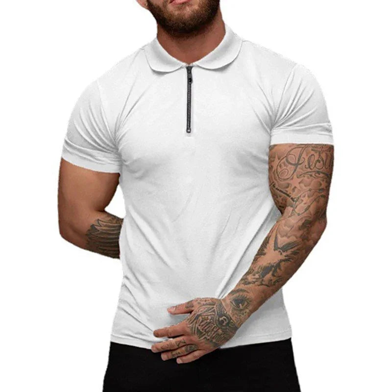 maoxiangshop New Elastic Polos Solid Color Shirt Men's Sports Tshirt Zipper Short Sleeve Slim T-shirt Casual Gym Loose Lapel Basic Tops