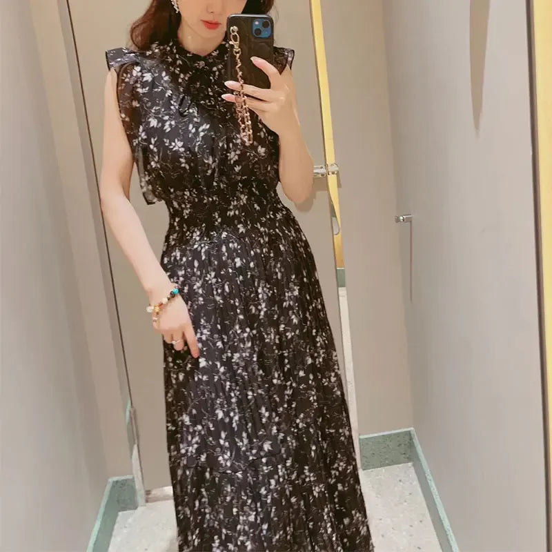 maoxiangshop Japan Style Flying Sleeve Floral Vestidos De Mujer Sweet Pleated Slim Waist Women Dress Chiffon New Neck Robe