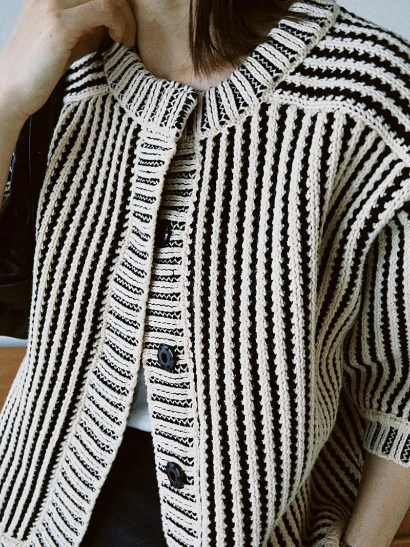maoxiangshop O-Neck Half Puff Sleeve Knitted Sweater Women Tops New Japan Fashion Autumn Winter Clothes Stripe Pattern Cardigan Verlena
