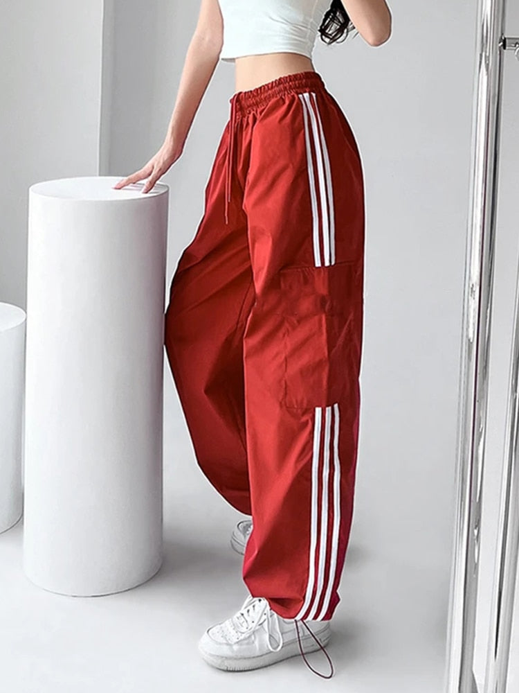 maoxiangshopHigh Waist Drawstring Cargo Pant Wide Leg Joggers Trousers Striped Harajuku Baggy Parachute Pants Sweatpants Women Clothes Y2k
