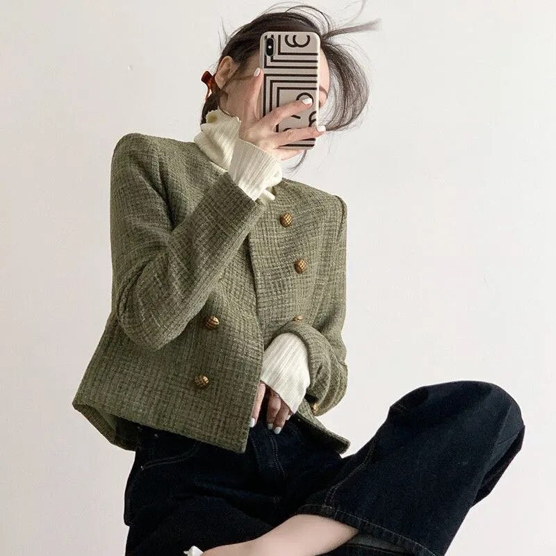 O-Neck Jacket Women Elegant Long Sleeve Streetwear Design Classic Temperament Vintage Casual Chic Simple Coats Tops New