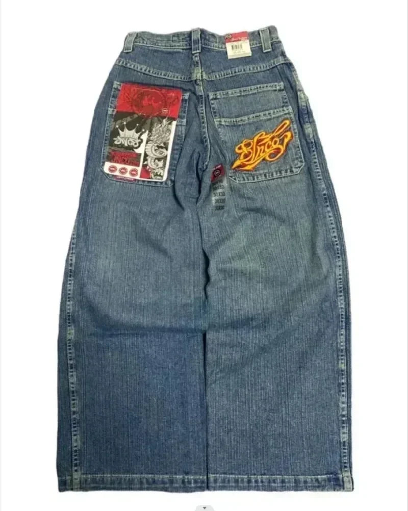 Jeans New Y2K Women Harajuku Retro Hip Hop Cartoon Embroidery Baggy Jeans Black Pants High Waisted Wide Trousers Streetwear