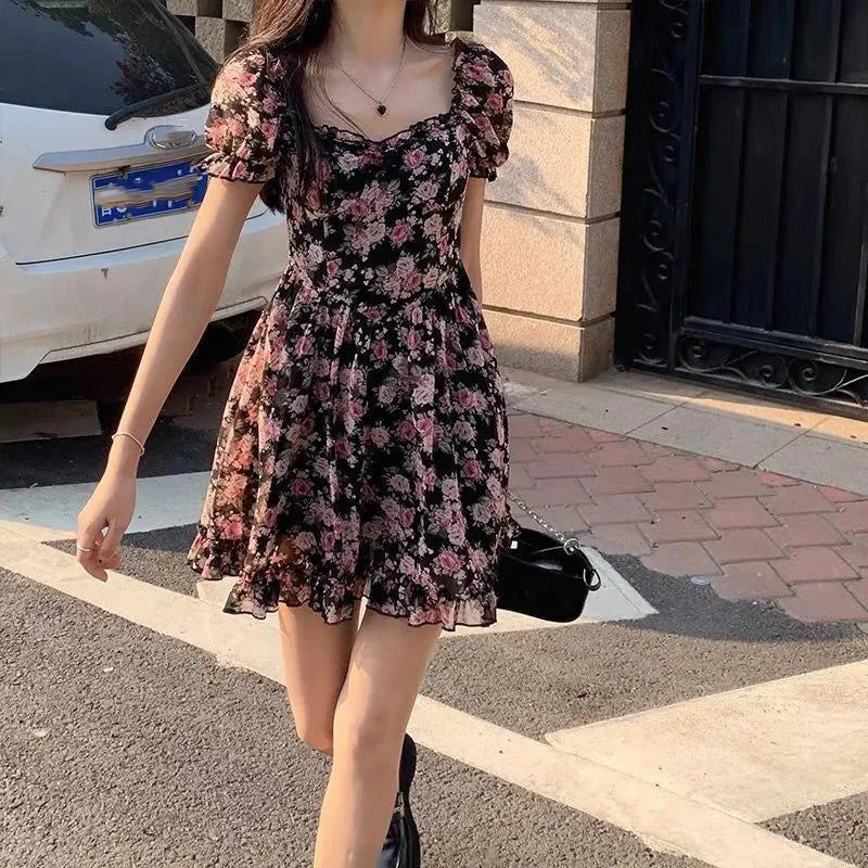Summer New Print Floral Short Dress Women Square Collar Puff Bubble Sleeve Dresses Pleated A-line Dress