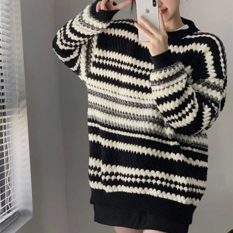 maoxiangshop Autumn Oversized Striped Knitted Sweater Women Vintage Streetwear Loose Long Sleeve Pullover Harajuku Casual O Neck Midi Jumper