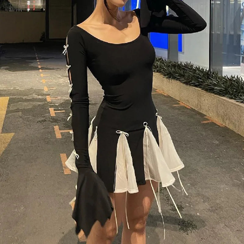 maoxiangshop E-girl Gothic Kawaii Bow Mini Dress Korean Sweet Girl Lace Trim A-line Dress Fairycore Grunge 00s Retro Y2K Coquette Streetwear