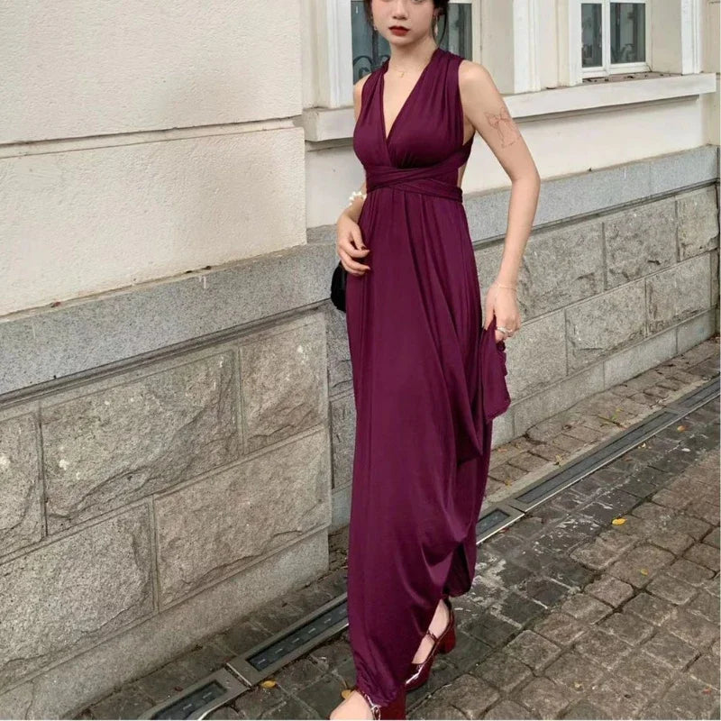 maoxiangshop Purple Sexy Party Sleeveless Dress Women Chiffon France Vintage Long Dress Female Beach Elegant Chic Backless Dress Summer