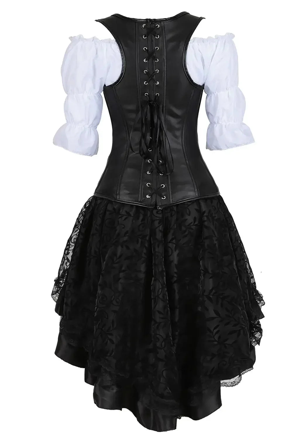 maoxiangshop - Leather Pirate Corset Steampunk Vintage Corsets Zip Bustier Sexy Skirt White Blouse Set Gothic Carnival Costumes