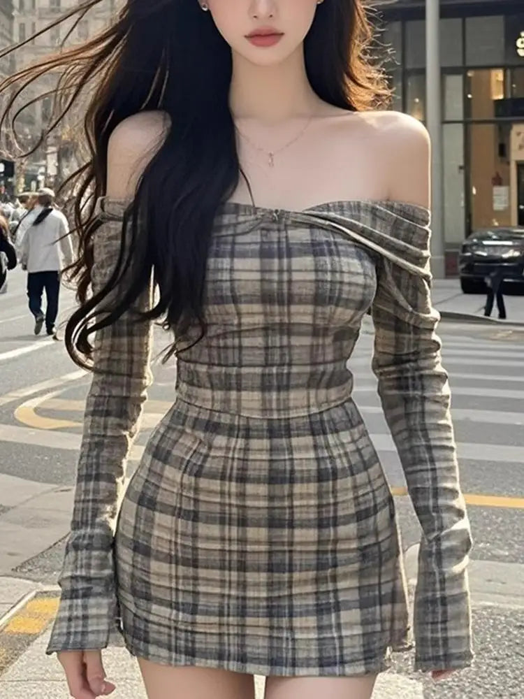 maoxiangshop - French Retro Plaid Off Shoulder Long Sleeve Sexy Dress for Women Autumn Chic Spicy Girl Waist Slimming Wrap Hip Mini Dresses