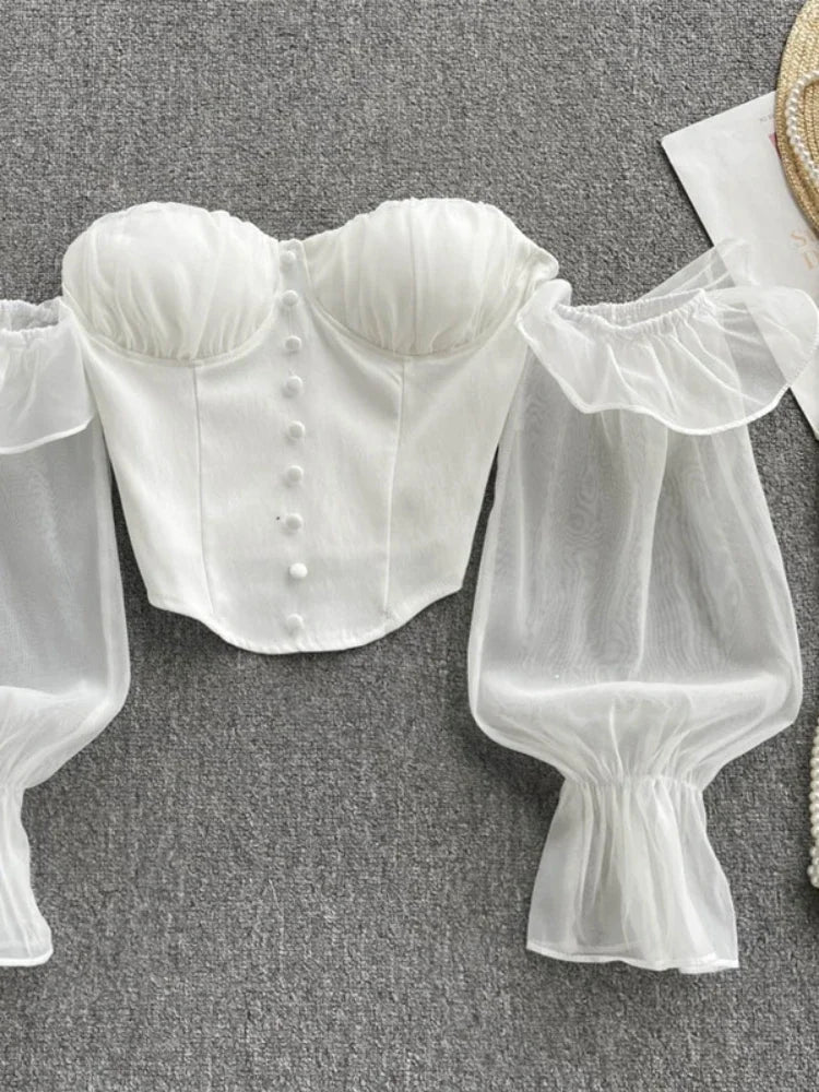 maoxiangshop Summer Off Shoulder Tops Women Long Sleeves Solid Zipper Elastic Waist Tops Spring Fashion Ruffle Short Sexy Shirts