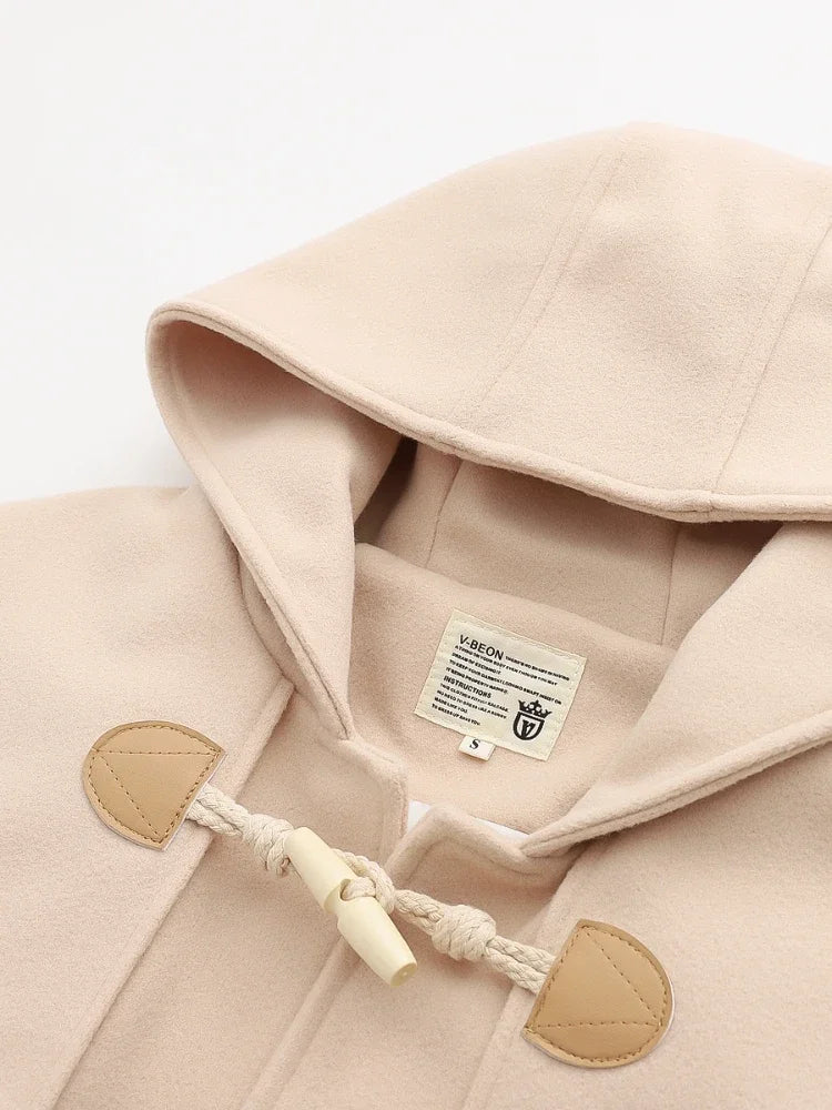 Winter Women Wool Blends Coat Straight Long Hooded Coats Jacket Horn Button Sleeve Preppy Style Female Warmness Outwears