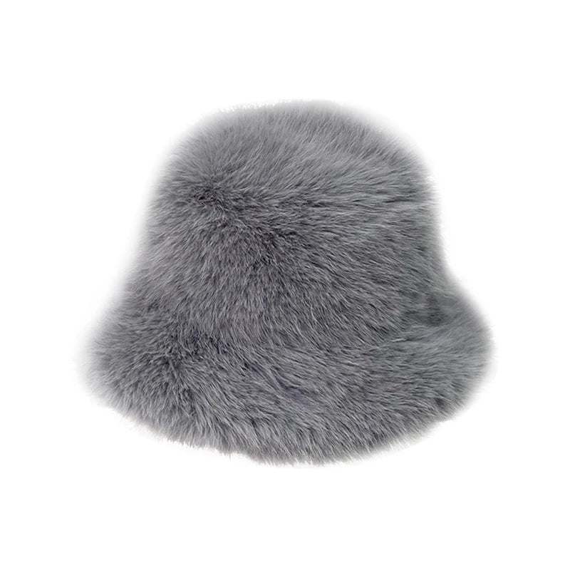maoxiangshop - Fluffy Fur Bucket Hat for Women Imitation Mink Hair Warm Basin Cap Thickened Plush Winter Hats Lady Fashion Panama Fisherman Cap
