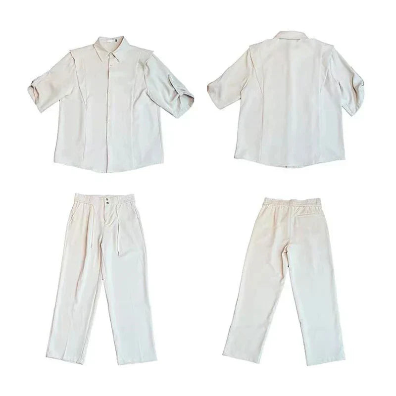 maoxiangshop Summer Ice Silk Men's Suits Casual Short Sleeve Shirt And Pants Two-piece Set Ruffled Handsome Draped Korean Style Loose Set