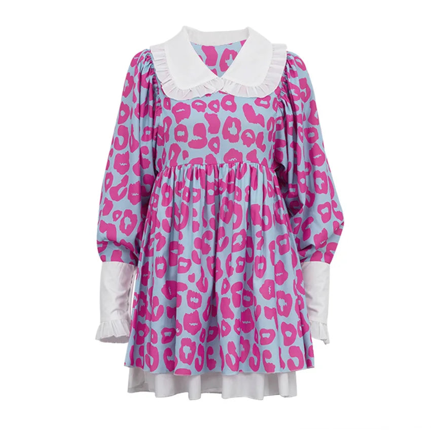 maoxiangshop - Women Vintage Printed Mini Dress Autumn New Fashion Long Sleeve Dresses High Waist Printed A- Line Doll Collar Poncho Dress