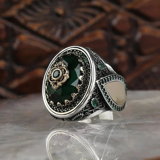 maoxiangshop Retro Handmade Turkish Signet Rings for Men Ancient Silver Color Carved Ring Mystic Zircon Inlay New Punk Motor Biker Ring