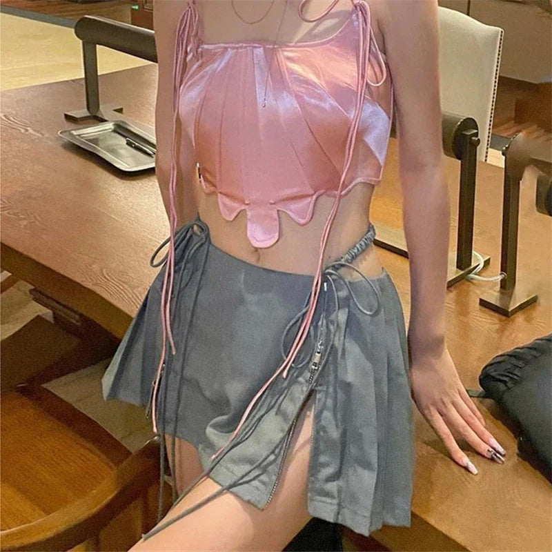 maoxiangshop - New Y2k Mini Skirts 90s Cute Streetwear Casual Grey Pleated Skirts With Belt Hot Zipped A-Line Women Short Skirt Summer