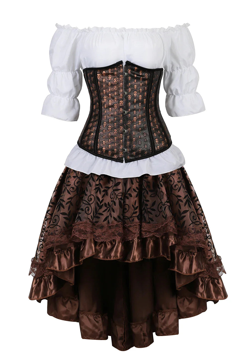 maoxiangshop - Corset Dress Suit Leather Bustiers Outfits for Women Steampunk Skull Underbust Skirt White Blouse Set Carnival Party plus size